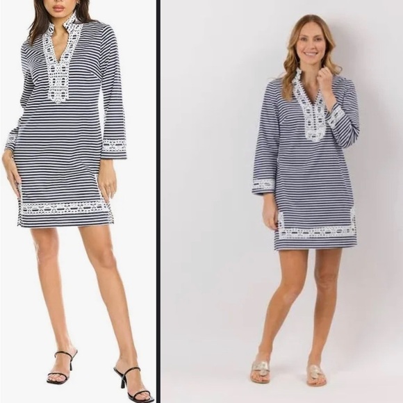 Sail To Stable Navy & White Stripe Long Sleeve Classic Tunic Embroidered, Size M
